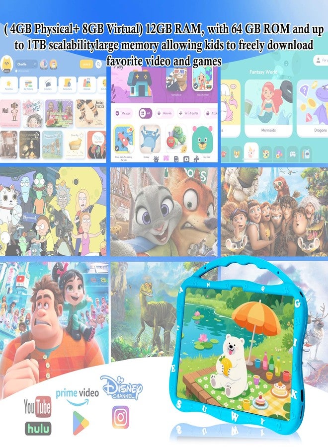 MengDash Kids Tablet, 10.1 inch Tablet for Kids, Educational Learning Toddler Tablet Android 14, 12GB RAM+64GB ROM Storage, 5G WiFi for Baby Girl boy Gift 3-10(Blue) - Image 3